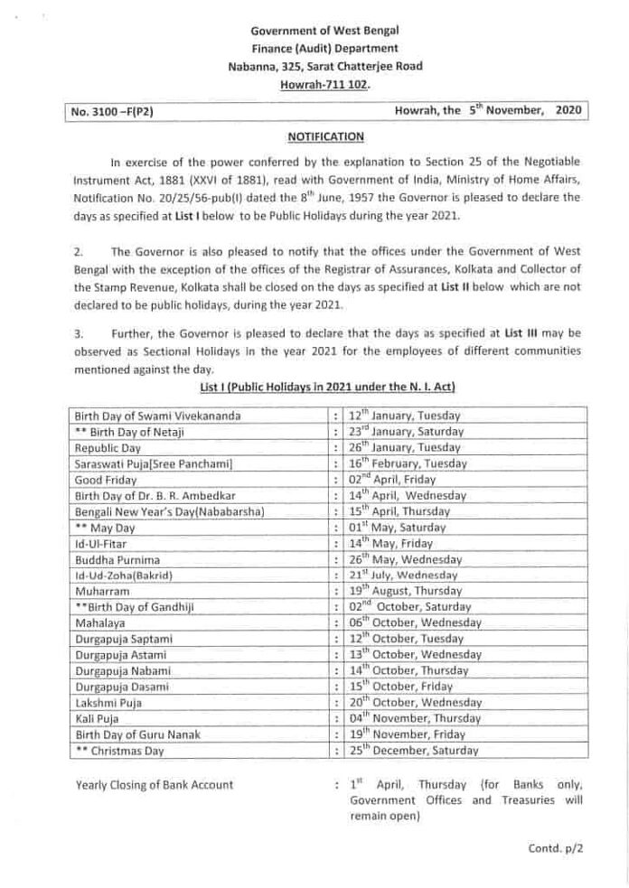 {PDF}Holiday List 2021 West Bengal,List Of Public Holidays ...